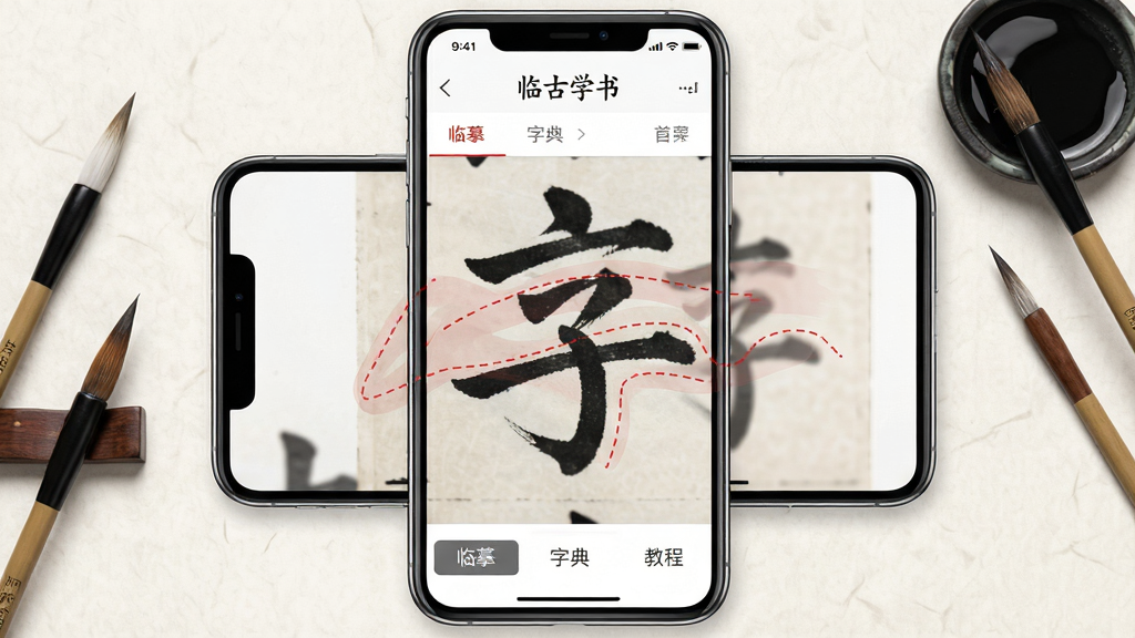 ��������Ϊһ�������ֻ�����չʾ���ٹ�ѧ�顱Ӧ�ý��棬��Ļ�ڳ���һ������Ŵ�Ĺ����������Ա������Ű�͸���ıʻ��켣�����ߡ����岼�����ֻ���ĻΪ���ģ��������ף������ǵ��ŵ���ֽ���������伸֧ë����ī�����Ű��ϣ�����˵��������ɼ��������С��ٹ�ѧ�顱�������ײ��С���ġ�����ֵ䡱���̡̳��ȱ�ǩ�����Ϊдʵ��ϱ�ƽUI��ϸ���ϱʻ��켣�ú�ɫ���߱�ע�����ʸ���ɾ����޶���Ԫ�ء�