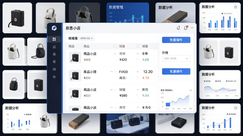 ���壺��˼С��APP��Ʒ������̨���棬չʾ��Ʒ�б�������������۸�༭���Լ���������������ť�����֣������ͼ���У���������ƷͼƬ�����ݷ���С��Ƭ���ơ��Ű棺����ռ���壬��Ƭ������������Χ������ʻ���ʽ���֡���񣺿Ƽ���UI��ƣ�������ɫ�������ݿ��ӻ�ͼ����׺��ϸ�ڣ���Ʒ���ơ�������������������ɼ���������ť���ԡ����ʣ����壬�ɾ����޶���Ԫ�ء�