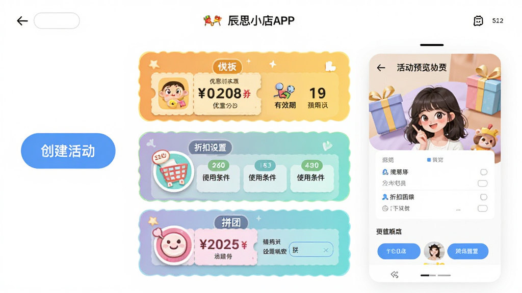 ���壺��˼С��APPӪ�������ҳ�棬չʾ�Ż�ȯģ�塢�ۿ����á�ƴ���������õ�ѡ����֣�ҳ���ͼλ�����룬����С����������ť���Ҳ�չʾ�Ԥ��Ч�����Ű棺�Գƹ�ͼ������ģ���ò�ͬ��ɫ��Ƭ���֡�����������ã���ͨͼ���׺���ʺ������û���ϸ�ڣ��Ż�ȯ����Ч�ڡ�ʹ������������ʾ�����ʣ����壬�ɾ����޶���Ԫ�ء�