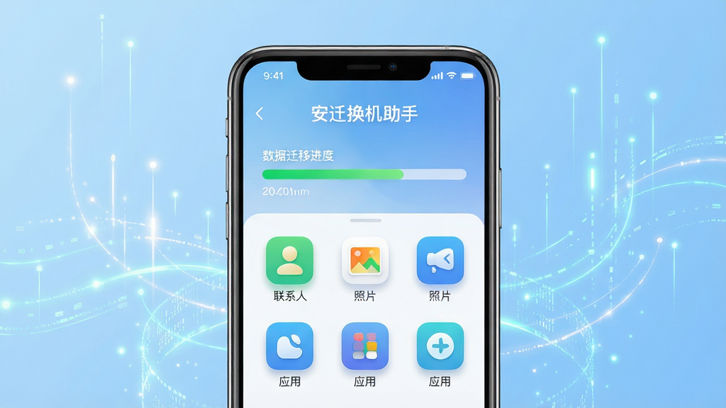 ���壺��Ǩ��������������չʾ���ֻ���Ļ����ʾ����Ǩ�ƽ���������ϵ�ˡ���Ƭ��Ӧ�õ�ͼ�ꡣ���֣����й�ͼ���ֻ�λ���Ӿ����ģ�����Ϊǳ��ɫ���䣬��Χ�����������Ĺ�Ч���Ű棺����UI����������ͼ���������룬�����С���Ǩ�������֡�����������ִ���Լ���Ƽ���ǿ��ɫ��������ϸ�ڣ����ݽ�����Ϊ��ɫ��ͼ�����΢��Ӱ�����廭��ɾ��޶���Ԫ�ء����ʣ�������Ⱦ��ϸ�ڷḻ������㡣