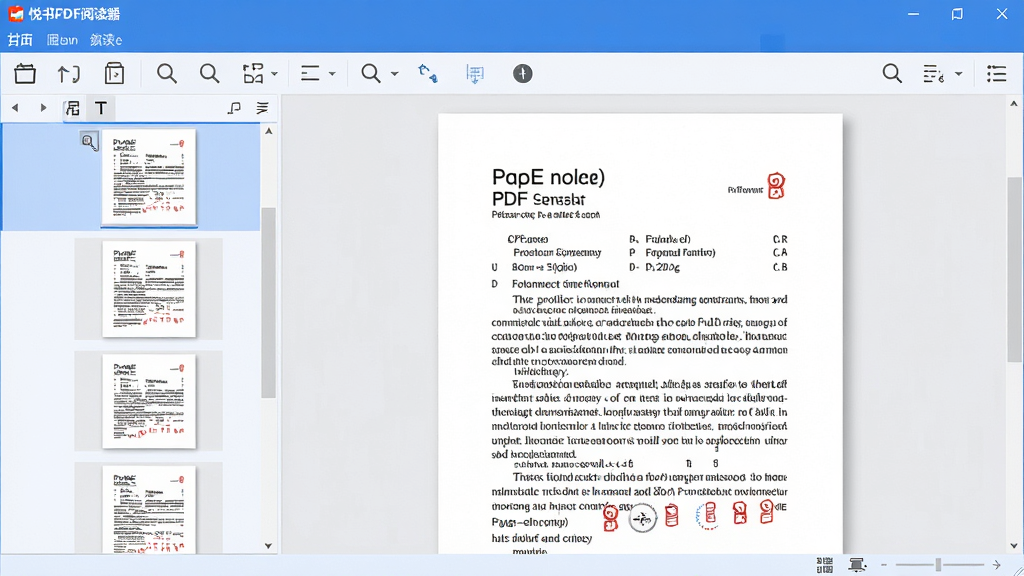 ���壺����PDF�Ķ������������棬չʾһ���򿪵�PDF�ĵ�����������ˬ�������в˵����͹����������֣��������ھ��У������ʾ����ͼҳ���б����Ҳ�Ϊ�ĵ��Ķ������ײ���״̬�����Ű棺����Ԫ���������򣬹�����ͼ�����������ִ�С���У���񣺱�ƽ����ƣ��ִ���ǿ��ɫ��������Ϊ�������������Ӱ��ϸ�ڣ�ҳ���ϵ����������ɱ棬�����������򿪡���ҳ�����ŵ�ͼ�꣬�����޶���Ԫ�أ����ʣ�������Ⱦ���ɾ��������޶���Ԫ��