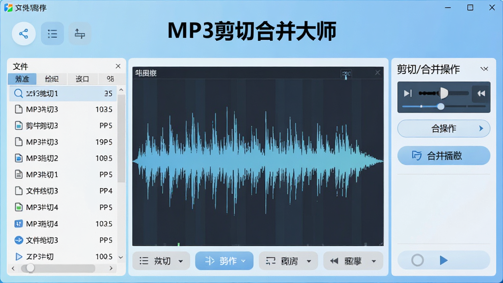 ����Ϊ�����������ͼ��չʾ��MP3���кϲ���ʦ��������������Ĺ��ܰ�ť���֣�����Ϊǳ��ɫ���䣬����������ʾ��Ƶ����ͼ�����Ϊ�ļ��б����Ҳ�Ϊ����/�ϲ�������壬��������ˬ�ִ�������������ϸ�ڷḻ���޶���Ԫ��