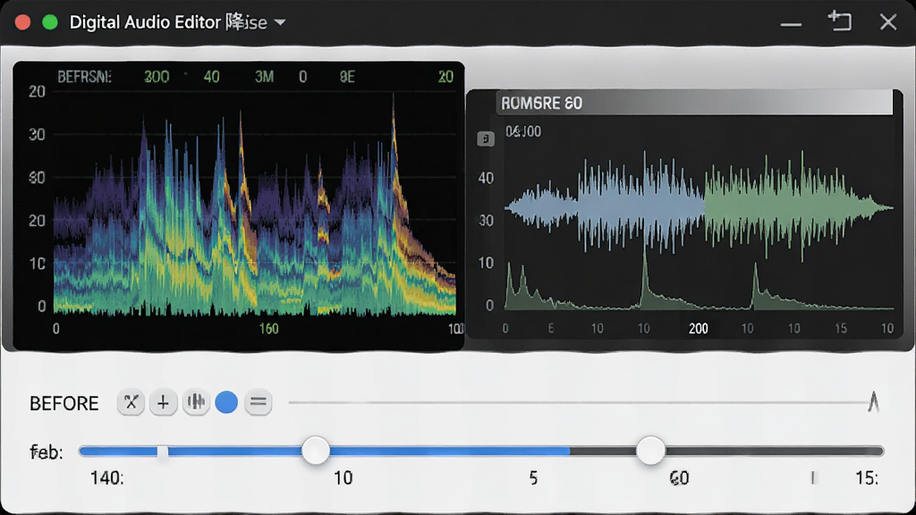 ����ΪDigital Audio Editor�Ľ�����棬��ʾƵ��ͼ�뽵����ڻ��飬����ֱ�ۣ����Ƽ��У�ϸ��չʾ����ǰ��Ĳ��ζԱȣ����ʸɾ��������޶���Ԫ��