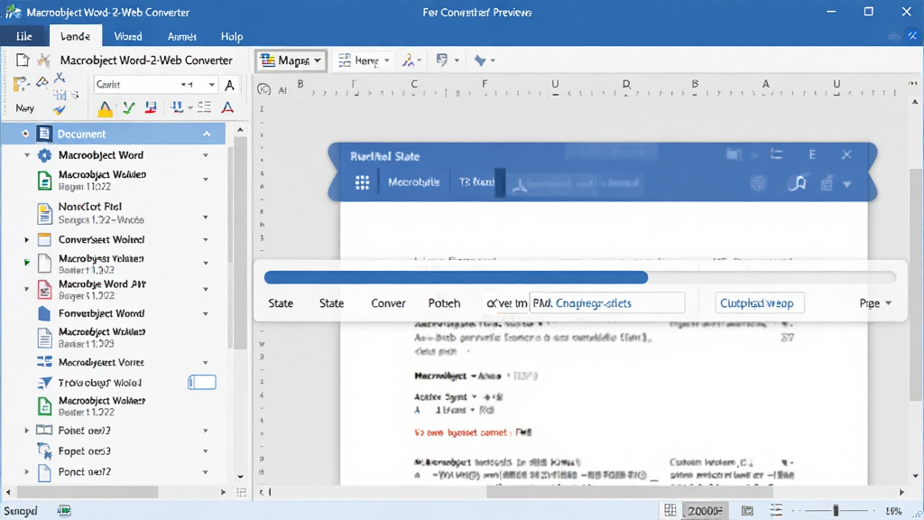���壺Macrobject Word-2-Web Converter���������棬չʾһ��Word�ĵ����ڱ�ת��Ϊ��ҳ�Ĺ��̡����֣����Ϊ�ĵ��б����Ҳ�Ϊת��Ԥ�����ڣ��м���ת�����������Ű棺�����Ĺ��ܷ���������רҵ����������񡣷���ִ�����У�������ɫ����ϸ�ڣ�������ʾ�ĵ����ơ�ת��״̬�����·���ȡ����ʣ����壬�ɾ����޶���Ԫ�ء�