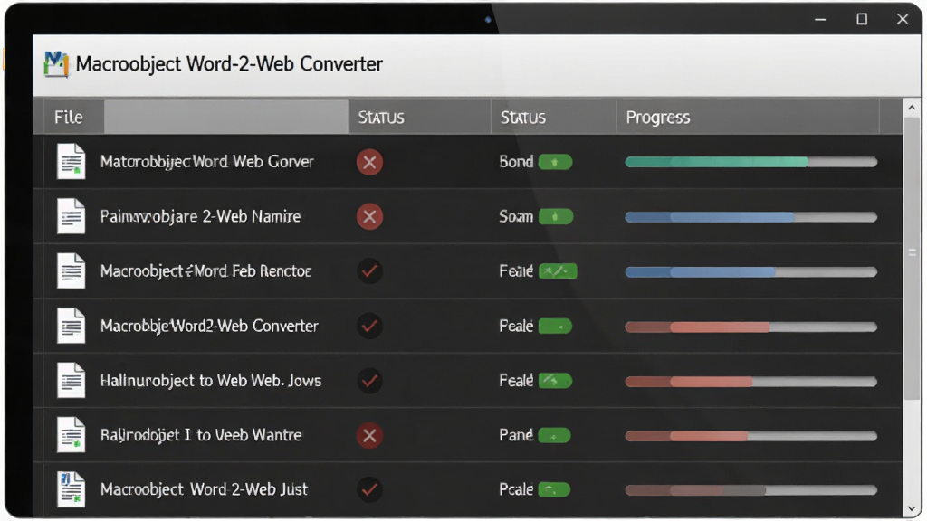 ���壺Macrobject Word-2-Web Converter����ת�����棬����ĵ��ŶӴ��������֣��б���ʾ�ļ�����״̬�����ȡ��Ű棺������ʽ���������ˡ���񣺼��ʵ�á�ϸ�ڣ���ʾת���ɹ�/ʧ�ܱ�ʶ�����ʣ����壬�ɾ����޶���Ԫ�ء�