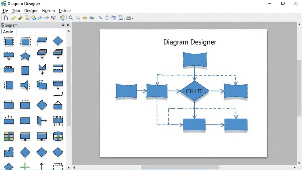 Diagram Designer�����������ͼ�����Ϊͼ�η��ſ⣬�Ҳ�Ϊ��ɫ�������Ϸ�Ϊ�˵����������������������������ϻ�������ɫ����ͼʾ�������ֱ�ע