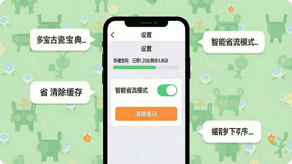 ���壺�౦�Ŵɱ���ʹ��ָ��ʾ��ͼ���ֻ���Ļ��ʾ�����á�ҳ�棬����������ʡ��ģʽ�����غ͡�������桱��ť�����֣��ֻ����У���Χ�м���˵���������ݡ��Ű棺��Ļ�Ϸ��С����á����⣬�·��С��洢�ռ䣺����1.2GB/ʣ��3.8GB���Ľ���������񣺱�ƽ���廭������Ϊǳ��ɫ��ϸ�ڣ����ذ�ťΪ��ɫ������������ťΪ��ɫ�����ʣ����壬�ɾ����޶���Ԫ�ء�