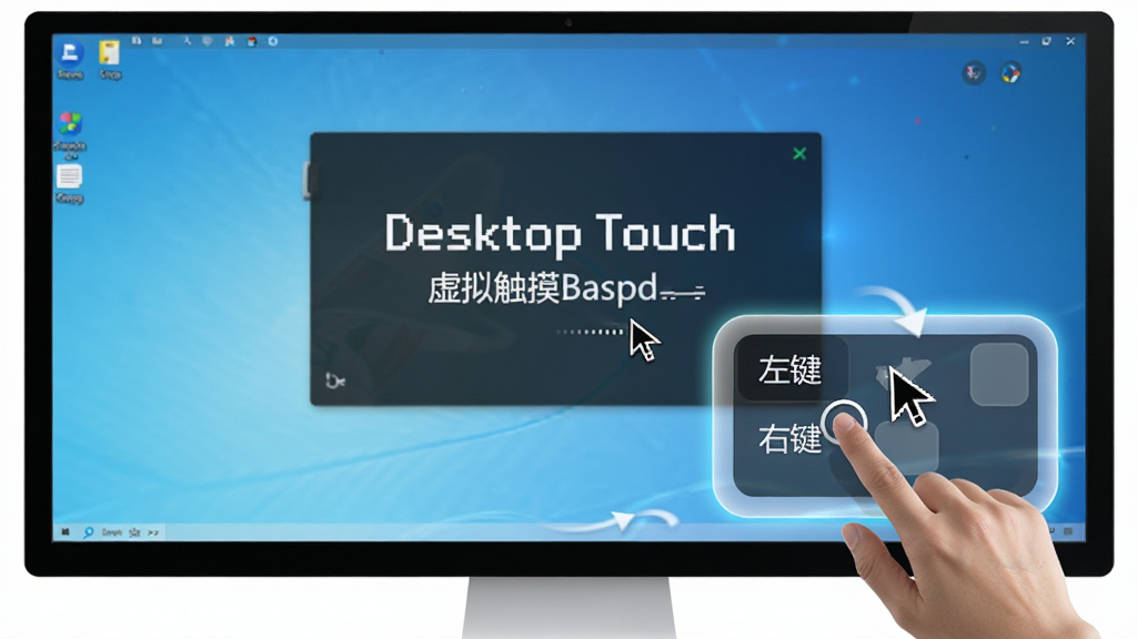 ����Ϊ̨ʽ����ʾ����Ļ����ʾDesktop Touch���ⴥ���忪��״̬����Ļ���½���һ����͸��Բ�Ǿ��δ����壬��ָ�������滬��������Ϊ�����ӽǣ���Ļ���������������������ʾ���Ű��ϣ����������С�����������Ҽ������ֱ�ʶ����������������ϸ�ڰ������ָ������ָ�ƶ��Ĺ켣�������������ɾ��޶���Ԫ�ء�