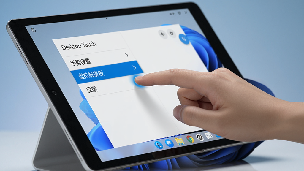 ����Ϊһֻ����Windowsƽ���ϲ�������Ļ��ʾDesktop Touch�����ý��棬����Ϊ�����ֽ������Ϊ�����ӽǣ�ƽ����б���á��Ű��ϣ����ý����С��������á��������ⴥ���塱�����������Ȳ˵�����Ϊ���ǳɫ��ϸ�ڰ�����ָ����˵�ʱ����ɫ���������ʸɾ����޶���Ԫ�ء�