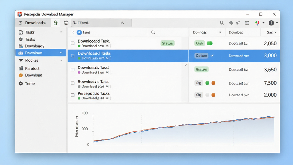 主体:Persepolis Download Manager 软件界面截图,显示主窗口、下载任务列表、速度曲线图,背景为淡蓝色渐变,布局:左侧为任务分类栏,右侧为下载列表,顶部为菜单栏,排版:清晰整齐,列表行高亮显示,风格:现代扁平化,细节:任务状态标签,下载速度数字,画质:高清,干净,无多余元素