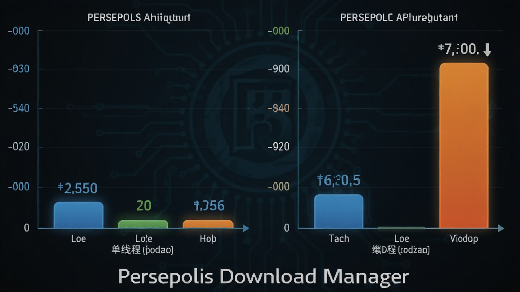 主体:Persepolis Download Manager 下载速度对比图,左侧单线程速度慢,右侧多线程速度快,布局:左右对比柱状图,底部有软件名称“Persepolis Download Manager”,排版:简洁直观,风格:科技感,细节:数字标注,画质:高清,干净,无多余元素