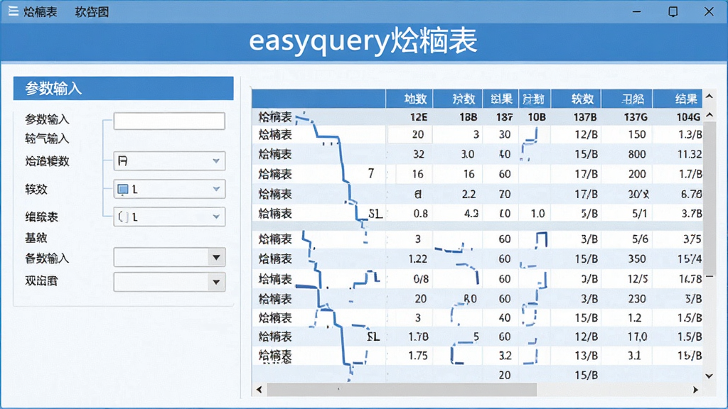 图片居中展示easyquery焓熵表软件主界面,界面左侧为参数输入区,右侧为结果数据表格,整体风格简约清晰,色调以蓝白为主,突出软件名称“easyquery焓熵表”,采用现代扁平化UI设计,画质高清,干净无多余元素。