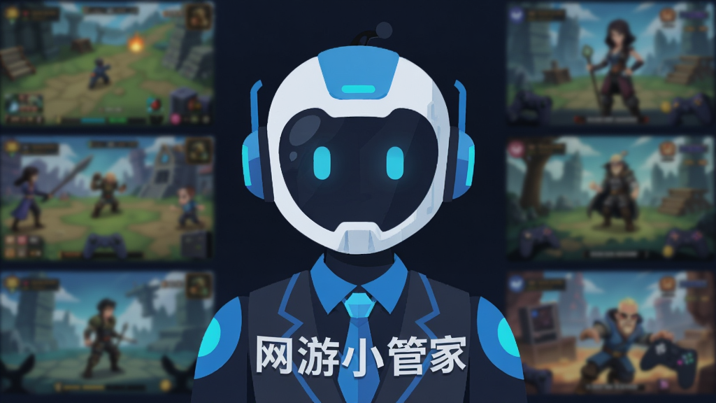 画面中央展示一个充满科技感的游戏管家形象,背景是模糊的多种游戏场景,布局采用居中构图,风格为现代扁平化,细节包含“网游小管家”字样,画质高清干净,无多余元素