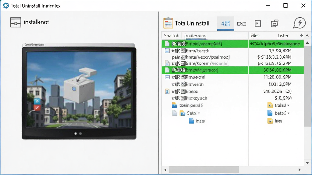 ����Ϊ������Ļ��ʾTotal Uninstall�ġ���װ��ء����棬����ǰ�װǰ���գ��Ҳ��ǰ�װ�������ļ��б�������Ϊ���¶Ա���ͼ����ɫ�������������Ű����࣬�������������Ϊ���Ƽ��У�ϸ�ڰ����ļ�·����ע�����ֵ�����ʸɾ��޶���Ԫ�ء�