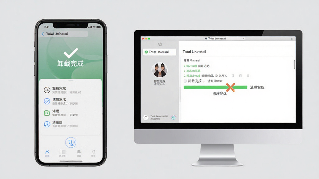 ����Ϊ�ֻ��͵��Բ�����ʾTotal Uninstall���棬�ֻ���Ļ��ʾ���������������Ļ��ʾж�ؽ��ȣ�����Ϊ���ҶԳƣ�����Ϊǳ��ɫ���Ű��࣬���Ϊ��ƽ̨չʾ��ϸ�ڰ�����ж����ɡ��͡�������ɡ����������ʸɾ��޶���Ԫ�ء�