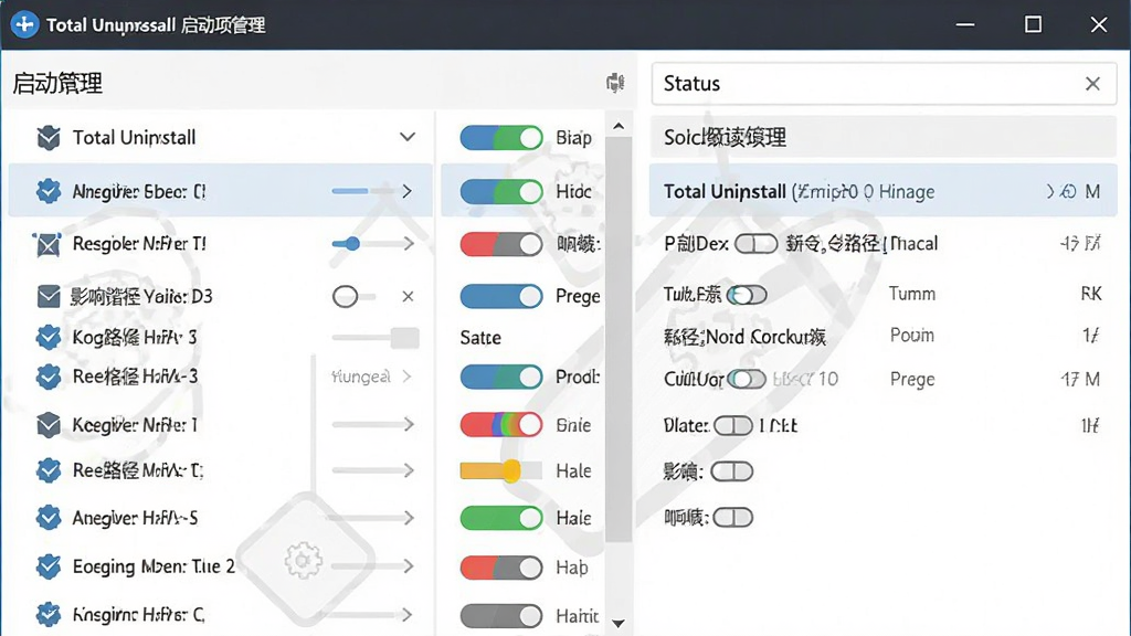 ����ΪTotal Uninstall�ġ���������������棬������������б����Ҳ���ѡ�������ϸ��Ϣ������Ϊ���ҷ�����״̬����Ϊ��ɫ���飻�Ű���������Ϊ�ִ��������ϸ�ڰ������������ơ�����·����Ӱ�����������ʸ����޶���Ԫ�ء�