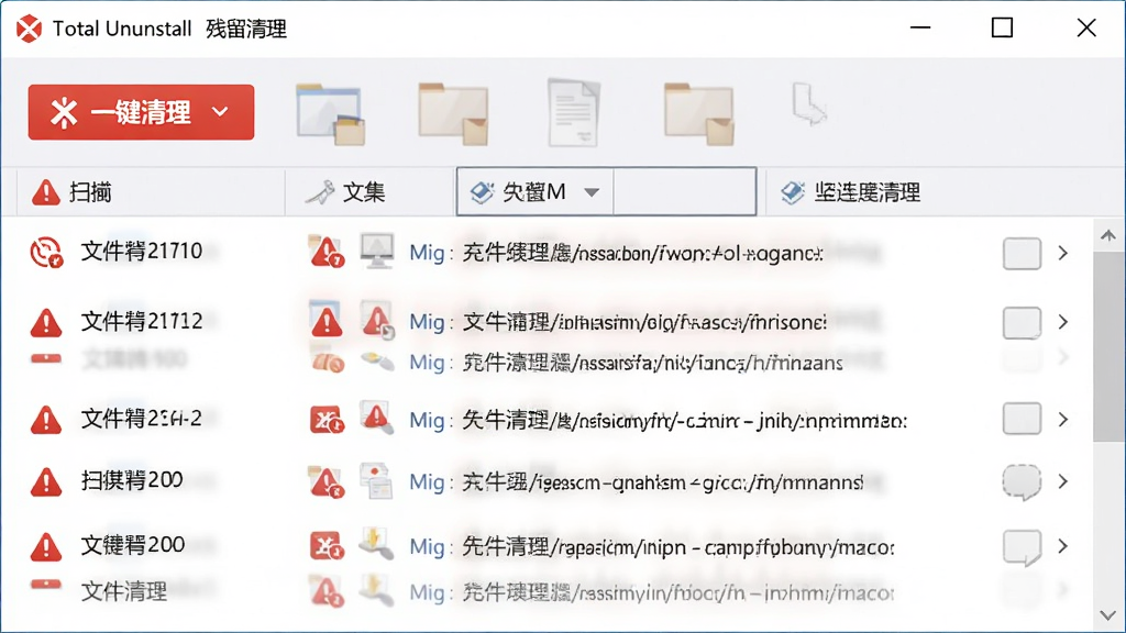 ����ΪTotal Uninstall�ġ��������������棬ɨ������ʾ���������ļ����Ժ�ɫ����ͼ���ǣ�����Ϊ�б���ͼ�������С�һ����������ť���Ű����������Ϊǳɫ�������ɫ��ʾɫ��ϸ�ڰ����ļ���С��·�������ʸɾ��޶���Ԫ�ء�