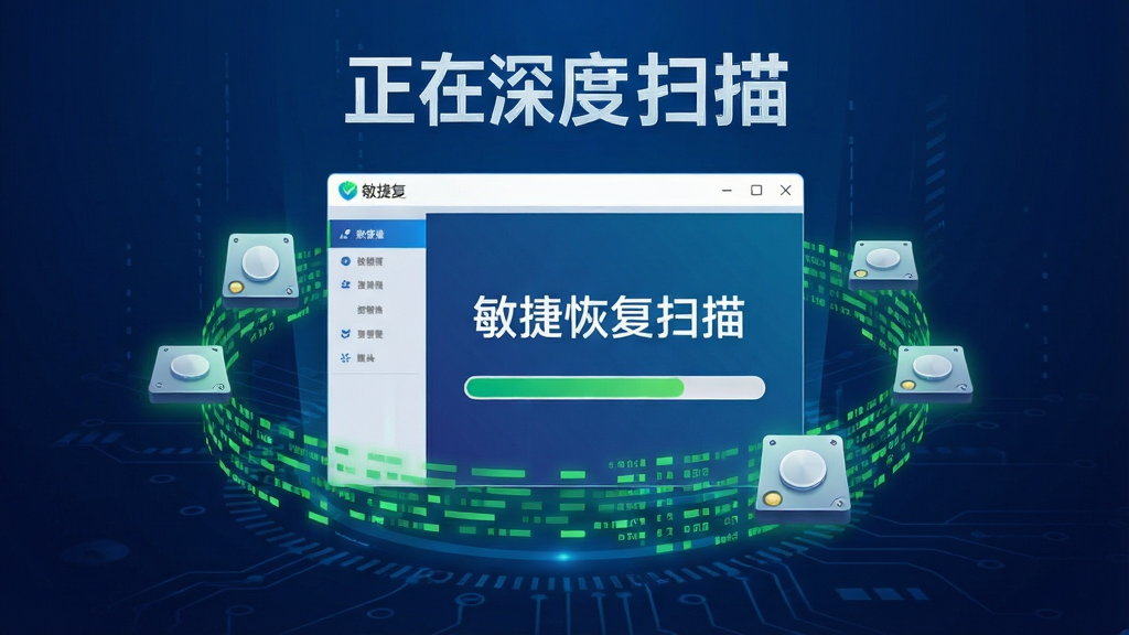 数据扫描过程动态示意图,中央显示“敏捷恢复”软件界面,硬盘图标周围环绕着绿色数据流,进度条正在推进,背景为深蓝色科技感渐变,文字“正在深度扫描”清晰可见,画面干净,画质高清,无多余元素