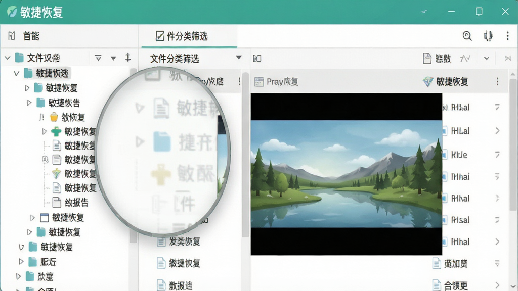 软件操作界面放大图,左侧为文件分类筛选树,右侧为文件列表,其中一张图片正在预览窗口中显示,界面简洁,文字“敏捷恢复”出现在顶部标题栏,整体色调清新,画质细腻,无多余元素