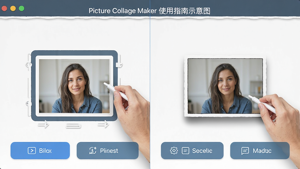 Picture Collage Maker ʹ��ָ��ʾ��ͼ��չʾ�û����ڵ�����Ƭ�߿����ӰЧ�������湦�ܰ�ť����������࣬���ʸɾ����޶���Ԫ��