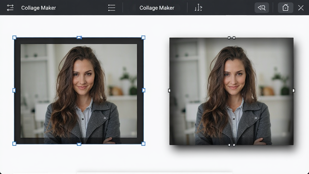 Picture Collage Maker �Զ���༭���棬��ʾ�û����ڵ�����Ƭ�߿����ӰЧ�������湦�ܰ�ť��������Ƭ�زķḻ�����רҵ�����ʸɾ����޶���Ԫ��