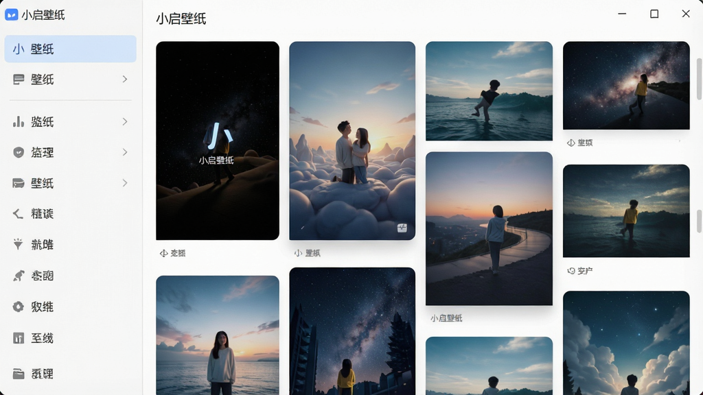 一张展示小启壁纸软件主界面的高清截图,主体为软件界面,布局为左侧分类列表与右侧壁纸瀑布流,排版清晰,风格现代简约,细节包含多张精美壁纸缩略图,画质细腻,干净无多余元素,界面文字标注“小启壁纸”