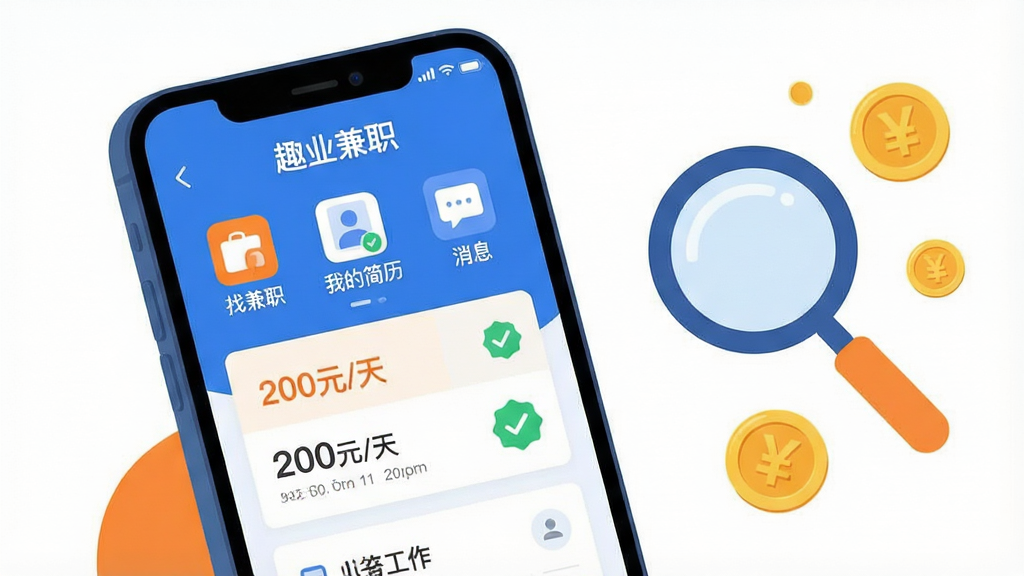 ���壺һ�����ŵ������ֻ���Ļռ�ݻ������ģ���Ļ����ʾ��Ȥҵ��ְ��APP���棬�������С��Ҽ�ְ�������ҵļ�����������Ϣ��������ͼ�ꡣ���֣��ֻ�λ�ڻ�������ƫ���Ҳ����״�����һ���Ŵ�ͼ��ͼ�ö���ͼ�����Ű棺�ֻ���Ļ���������ɱ棬������Ƽ���ִ����Ҳ��׺Ԫ�ش������¡���񣺱�ƽ���廭���ɫ�����죬����ɫ�ͳ�ɫΪ��ɫ����ϸ�ڣ��ֻ���Ļ���С�Ȥҵ��ְ������������Ԫ�ذ���������Ƭ��н�����֡�200Ԫ/�족����ɫ�Թ���֤��־�����ʣ����壬�ɾ����޶���Ԫ�ء�