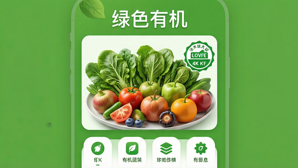 ���壺��ɫ�л�Ӧ�������棬չʾ�л��߲�ˮ������֤��ʶ�����֣�����չʾ�����л�ũ��Ʒƴ�̣��Ϸ�ΪӦ�����ơ���ɫ�л������·�Ϊ����ͼ�ꡣ�Ű棺�ɾ���࣬��Ʒͻ�����������������������Ȼ��ɫ��������ϸ�ڣ��߾�����Ⱦ��ҶƬ�����ɼ�����֤��־��Ŀ�����ʣ�4K���壬�ɾ����޶���Ԫ��