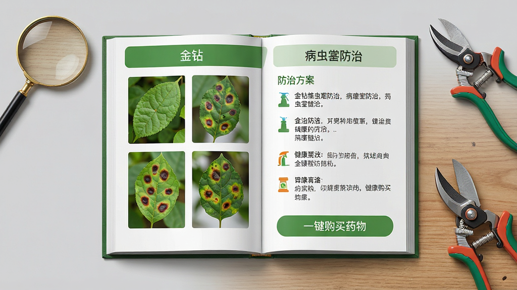 ���壺һ�������ĵ���ͼ����ҳ��չʾ�����ꡱApp�Ĳ��溦���ν��棬�Ա���ʾ����ҶƬ�벡��ҶƬ��ͼƬ�����֣�ͼ������ľ�����룬��Χɢ���ŷŴ󾵺�԰�ռ����Ű棺App���������֢״ͼƬ���Ҳ��Ƿ��η������֣��ײ��С�һ������ҩ���ť����񣺿���ͼ�����ɫ����ʵ������Ϊǳ��ɫ��ϸ�ڣ�ҶƬ�ϵĲ��������ɼ�������˵���������������ʣ��߷ֱ��ʣ�ϸ������������ɾ����޶���Ԫ�ء�