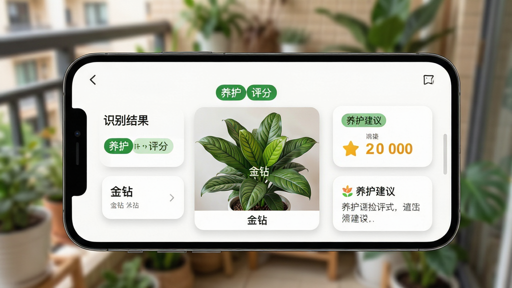 ���壺�ֻ���Ļ��д����ʾ�����ꡱApp��ֲ��ʶ����ҳ�棬ҳ��������һ����������ֲ��Ƭ���·���עƷ���������ꡱ�����֣��ֻ�����չʾ������Ϊ�黯�ļ�ͥ��̨��ֲ���䡣�Ű棺App������ϵ�������Ϊʶ�������������֡��������鿨Ƭ����Ϣ�㼶�����������ʵ��Ӱ�����UI�����ϣ�ɫ����ܰ��Ȼ��ϸ�ڣ�ֲ��Ҷ��������App���濨Ƭ��Բ����Ӱ��ʶ���ǩ��Ŀ�����ʣ����壬ϸ�ڷḻ������ɾ����޶���Ԫ�ء�