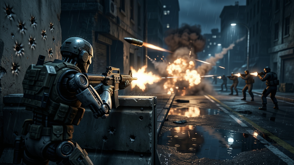 ���壺��Ϸս��ʵ����ͼ��һ��������սʿ����ҹ�ĳ��нֵ�����ֲ����ӽ���ǹ�ڻ���������Χ�����֣�սʿ�ڻ��������������������λ���Ҳ�Զ�����ֵ��м��б�ը�����Ļ���Ũ�̡��Ű棺�����˳�Խ���ӽǣ����涯̬��ǿ���ӵ��켣�����ɼ������дʵ���ڷ�����Ч�����ԣ�����ɫ��ƫ�䣬�е�Ӱ�ʸС�ϸ�ڣ�����ˮ�ݷ����⣬ǽ�浯����������������Ч����ʵ�����ʣ�1080P���壬����ɾ����޶���Ԫ�ء�