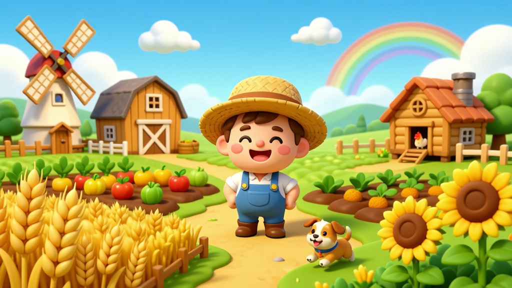 ���壺�������ĵĿ�ͨ���ũ��ȫ�������������Ǵ��Ų�ñ�Ŀ���ũ���ɫ������ũ����Ϸ�������󣩣���Χ������˶�����۵�ũ��糵��ľ�ݡ����֣�����ƽ�ӹ�ǹ�ͼ��ǰ��Ϊ�������������տ����о�Ϊľ�ʹȲֺͼ��ᣬԶ��Ϊ������ƺ�����ɽ���Ű棺����Ԫ�ش������£�ɫ����ů�ƺʹ���Ϊ��ɫ����Ӫ�����ϲ�÷�Χ���������ϵQ�濨ͨ������Բ��ɫ���������Ͷȸߡ�ϸ�ڣ��﹡����һֻ�ɰ���С���ڱ��ܣ�����Ʈ�ż�����ƣ�Զ���вʺ��������֡����ʣ�4K���壬����ɾ��޶���Ԫ�أ���Ⱦϸ�壬��Ӱ��͡�