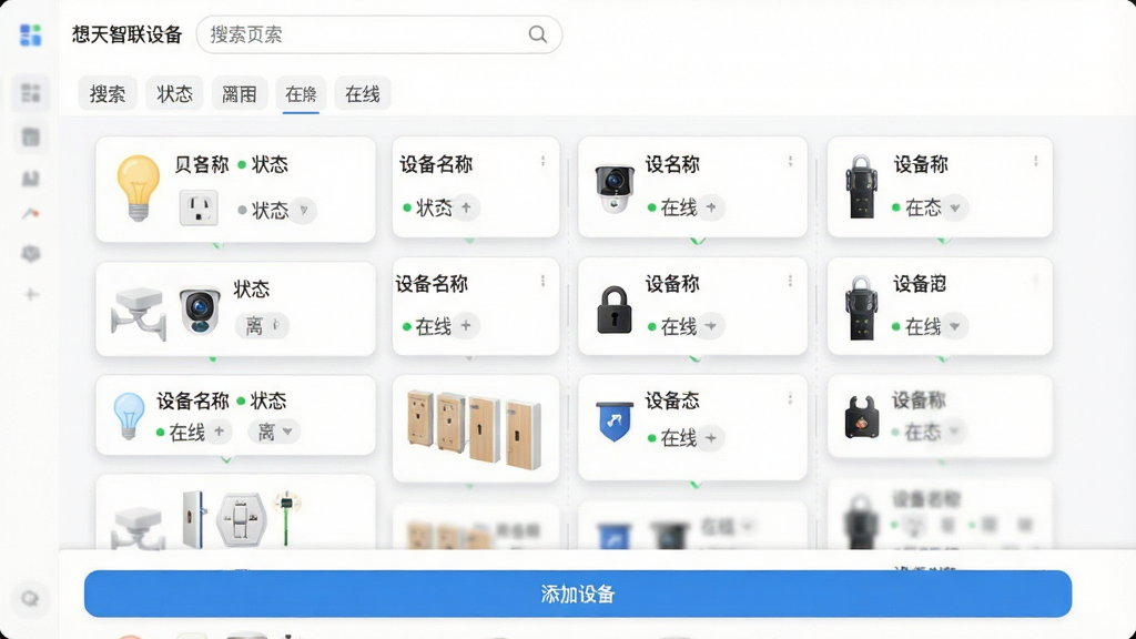 ���壺���������豸����ҳ�档���֣�����Ϊ�������ͷ����ǩ���м�Ϊ�豸��Ƭ�ٲ������ײ�Ϊ�������豸����ť���Ű棺��Ƭʽ���֣�ÿ�ſ�Ƭ��ʾ�豸���ơ�״̬ͼ�������״̬����񣺼������壬��ɫ��������Ƭ��ǳ��ɫ�߿��Բ����Ӱ��ϸ�ڣ��豸ͼ������ݡ�����������ͷ���������������У������豸��ʾ��ɫԲ�㣬������ʾ��ɫ�����ʣ����壬�ɾ����޶���Ԫ��