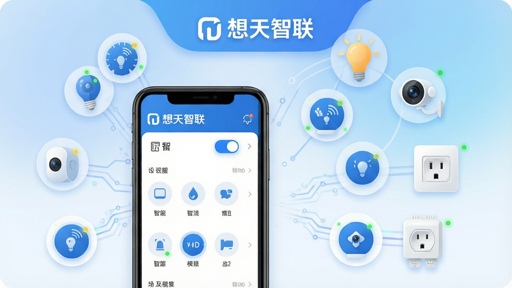 ���壺������������������չʾ���ֻ������ܼҾ��豸�������������֣�����ֻ���Ļ��ʾ������壬�Ҳ����ܵ��ݡ�����ͷ���������豸ͼ�껷�ơ��Ű棺���й�ͼ���豸ͼ��Χ���ֻ���Ļ�ʻ������У����涥����ʾ������������Ʒ�Ʊ�ʶ������ִ��Ƽ��У���ƽ����ƣ�������ɫ����������ͽ��䱳����ϸ�ڣ��ֻ���Ļ��������ʾ�豸�б������ذ�ť������ģʽͼ�꣬ÿ���豸ͼ���Сָʾ��Ч�������ʣ�������Ⱦ���ɾ����޶���Ԫ��