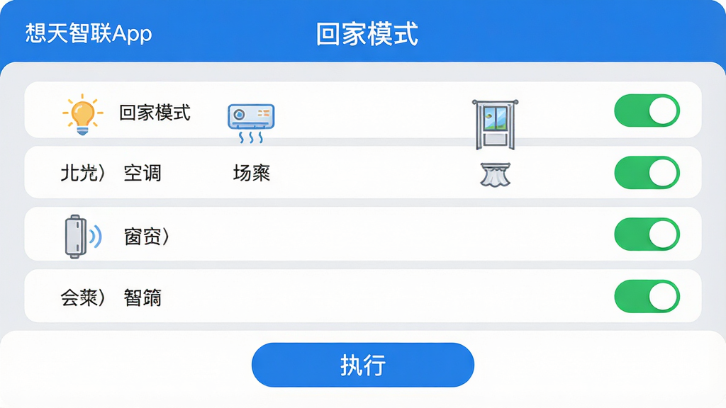 ���壺��������App�����༭���档���֣��Ϸ���ʾ���ؼ�ģʽ���������ƣ��м�Ϊ�ƹ⡢�յ����������豸ͼ�꣬�·�Ϊ��ִ�С���ť���Ű棺�б�ʽ���֣�ÿ���豸���Ҳ�����ػ��顣�����ˬ��࣬������ɫ��Բ�ǿ�Ƭ��ơ�ϸ�ڣ��豸ͼ���·���ע���ƣ�����Ϊ��ɫ����״̬������Ϊǳ��ɫ�����ʣ����壬�ɾ����޶���Ԫ��