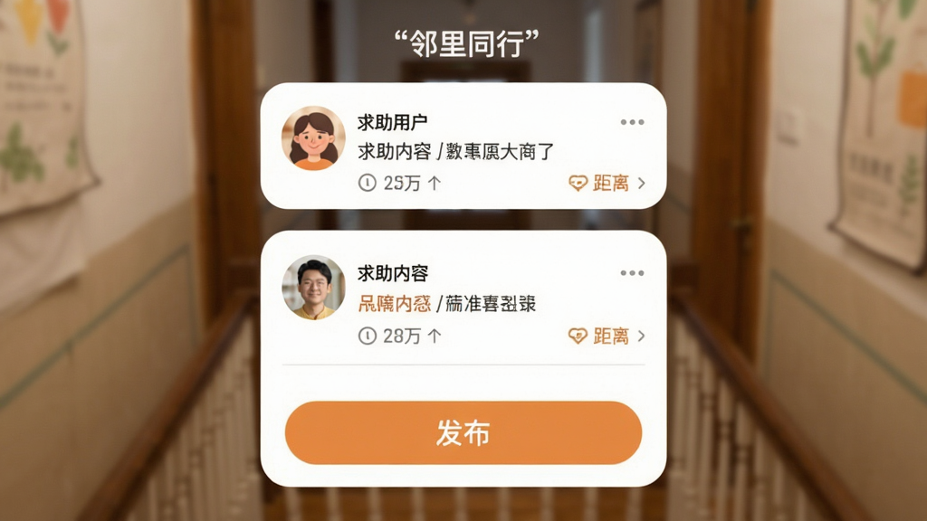 ����չʾ������ͬ�С��������ܽ��棬�Ϸ�Ϊ������Ϣ����Ƭ���·�Ϊ������ť����Ƭ�����û�ͷ���������ݺ;��롣����Ϊģ����¥�����������ҶԳƣ�ɫ����ů���Ű濨ƬԲ�ǣ������ܰ�������������޶������֡�