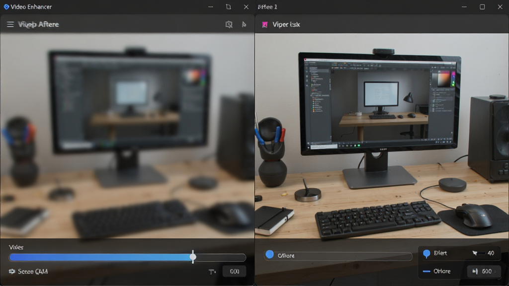 Video Enhancer 软件运行界面,展示AI修复前后对比效果,左侧模糊右侧清晰,背景为工作台,布局为左右分屏,风格写实,细节包括修复进度条和参数调整窗口,画质高清干净无多余元素