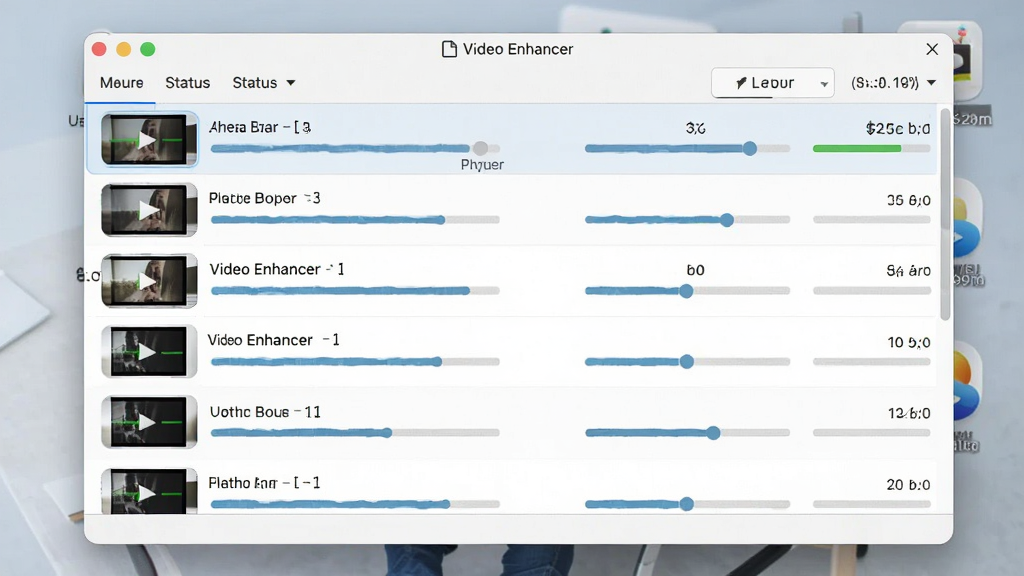 Video Enhancer 批量处理界面,列表中有多个视频文件,状态栏显示处理进度,背景为简洁的桌面环境,布局为列表式,风格简约,细节包括文件缩略图和进度条,画质高清干净无多余元素