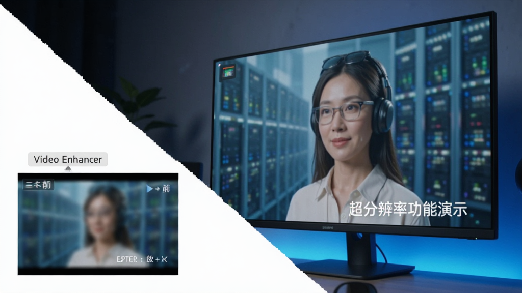 Video Enhancer 超分辨率功能演示,视频画面从模糊小窗口放大到清晰大屏幕,背景为高清显示器,布局为对角线构图,风格科技感,细节包括放大前后的画质对比标签,画质高清干净无多余元素