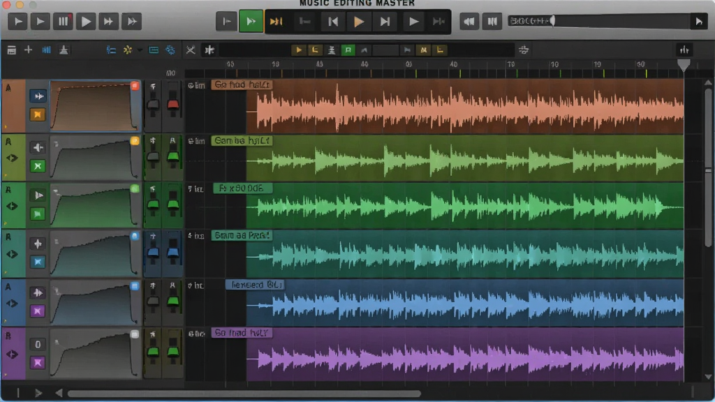 ����ΪMusic Editing Master�����Ķ��������棬��ʾ������ɫ��Ƶ��������θ��죬����Ϊ����ʱ���ߣ��Ϸ��в��ſ����������дʵ��ϸ�ڰ�������ϵĵ��뵭�������ߣ������������ɾ��޶���Ԫ��