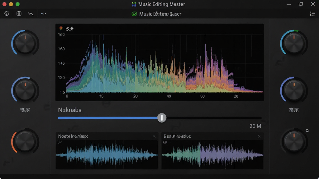 ����ΪMusic Editing Master�����Ľ���Ч������壬������ʾƵ��ͼ�뽵�뻬�飬����Ϊ����������ɫ���⣬����Ϊ�������壬����Ϊ������ť�����Ƽ��У�ϸ�ڰ������������������Աȣ����ʾ�ϸ���ɾ��޶���Ԫ��