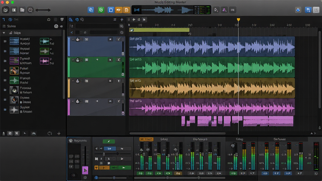 ����ΪMusic Editing Master���������棬չʾ�����Ƶ�༭ʱ���ߣ�����ͼ�����ɼ�������Ϊ��ɫרҵ���ֹ����ҷ�񣬲��ְ�������زĿ⡢�м䲨�α༭�����ײ�����̨���Ű��������򣬷���ִ���࣬ϸ�����ֶ�����ɫ�������ƽ�������ʸ���ɾ����޶���Ԫ��