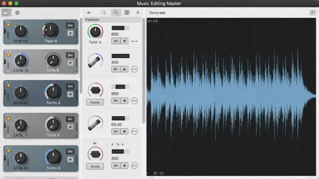 ����ΪMusic Editing Master������Ч�����б����棬չʾ����Ч����ͼ���������壬����Ϊ����б����Ҳ������ʾ������ƽ����ϸ�ڰ�������Ч��������ť�밴ť��������ˬ���ɾ��޶���Ԫ��