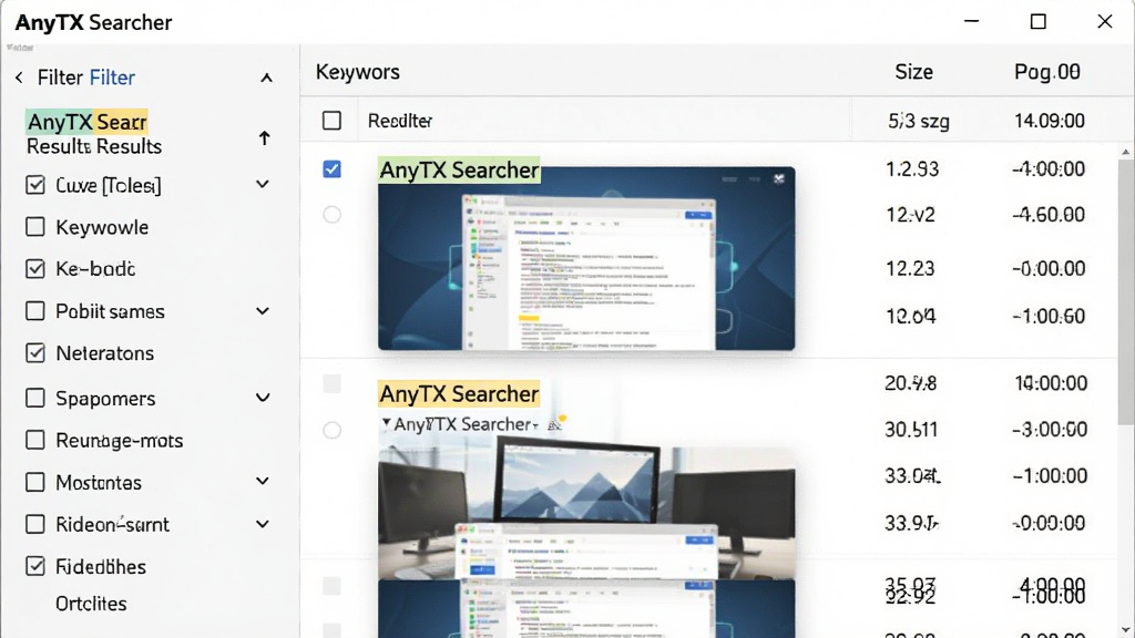 ���壺AnyTXT Searcher����������˽��档���֣���������壬�Ҳ����б����Ű棺����ѡ���Ը�ѡ����ʽ���֣�����б�����Ԥ�����ڡ���񣺼������硣ϸ�ڣ��ؼ��ʸ�����ʾ���ļ���С��ʱ�������������ʣ����壬�ɾ����޶���Ԫ�ء�