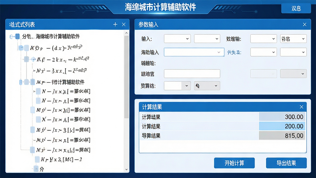 ���壺������м��㸨��������ʽ�������չʾ�����Ϊ��ʽ�б����Ҳ�Ϊ��������������������򣻲��֣����ҷ�������๫ʽ�����Ҳ��Ϸ�������·����������Ű棺���ݶ��룬��ʽ����ѧ��ʽ���֣����������ʾ����񣺿Ƽ��У���ɫ���ɫ���䣬������ˣ�ϸ�ڣ���ʾ��������м��㸨����������������ť�硰��ʼ���㡱����������������ɼ������ʣ����壬�ɾ����޶���Ԫ��