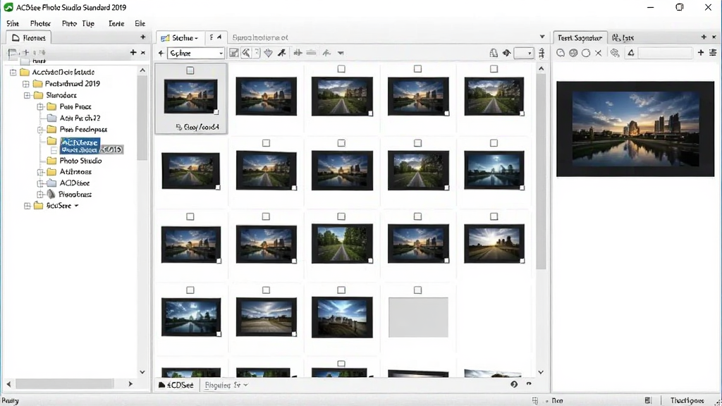 ACDSee Photo Studio Standard 2019 主界面截图,左侧文件夹树,中间网格缩略图,右侧预览面板,整体布局清晰,色调浅灰,现代感,高清,干净无多余元素