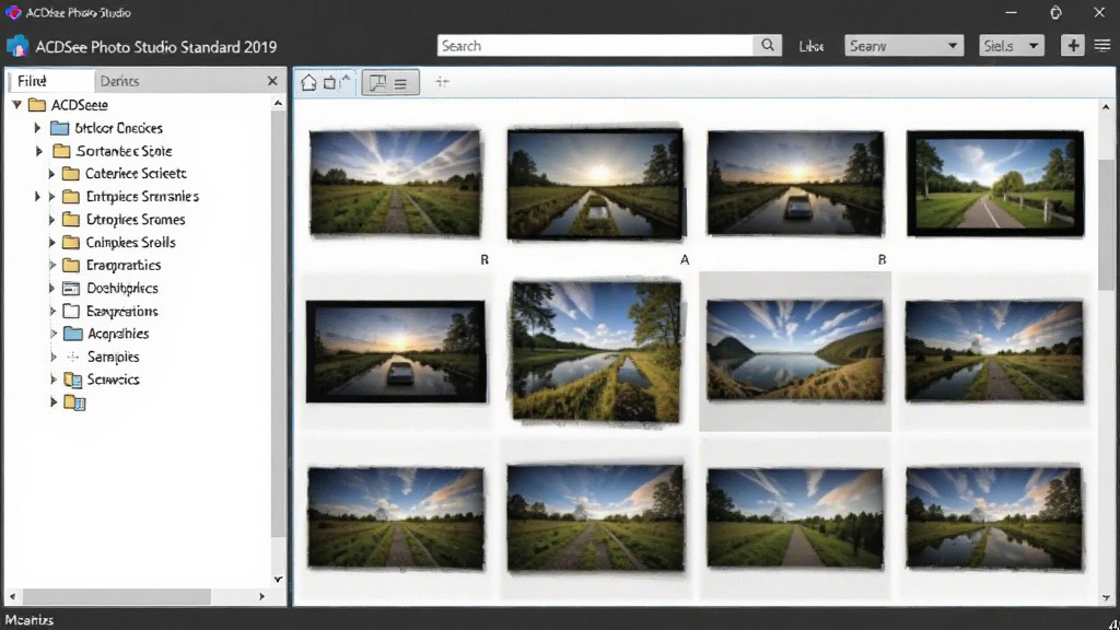 ACDSee Photo Studio Standard 2019 文件管理界面,左侧分类树,右侧照片墙,顶部搜索栏,色彩柔和,界面整洁,高清画质,干净无多余元素