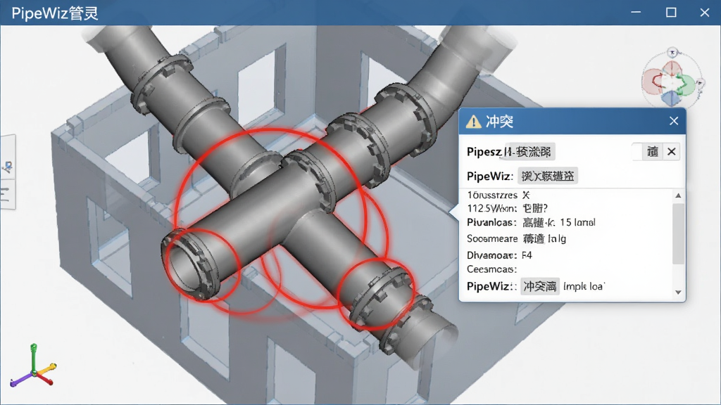 PipeWiz������������ײ��鹦������ʱ�Ľ��棬���������ν���Ĺܵ�����ɫԲ�������ǣ��Աߵ�����ͻ��ϸ��Ϣ��Ƭ������Ϊ��͸����BIMģ�ͣ���������࣬��ʾЧ����Ŀ�����ʸɾ����޶���Ԫ��