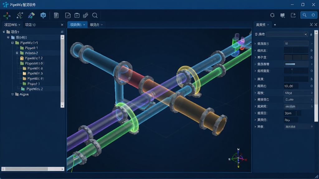һ��չʾPipeWiz��������������ĸ����ͼ�����沼�����������Ϊ��Ŀ��״�б����м�Ϊ3D�ܵ�ģ���ӿڣ��Ҳ�Ϊ������壬�����������ɫ�Ƽ���񣬽���ͼ�꾫�£������Բ�ɫ������ʾ������ϸ��ɾ����޶���Ԫ��
