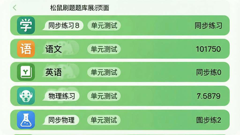 ���壺����ˢ�����չʾҳ�棬�б���ʽ���ֲ�ͬѧ�Ʒ��ࡣ���֣����»����б������Ϊѧ��ͼ�꣬�Ҳ�Ϊ��Ŀ�������Ű棺������б����֣�ÿ������չʾ�����������ɫ����Բ�ǿ�Ƭ��ơ�ϸ�ڣ�ѧ��ͼ�������ѧ�����ġ�Ӣ���������ѧ��ÿ����ʾ��ͬ����ϰ��������Ԫ���ԡ��ȱ�ǩ�����ʣ����壬�ɾ����޶���Ԫ�ء�